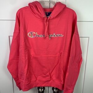 NWT Champion Women’s Hoodie Sweatshirt Large Bright Pink Cursive Logo Spell out